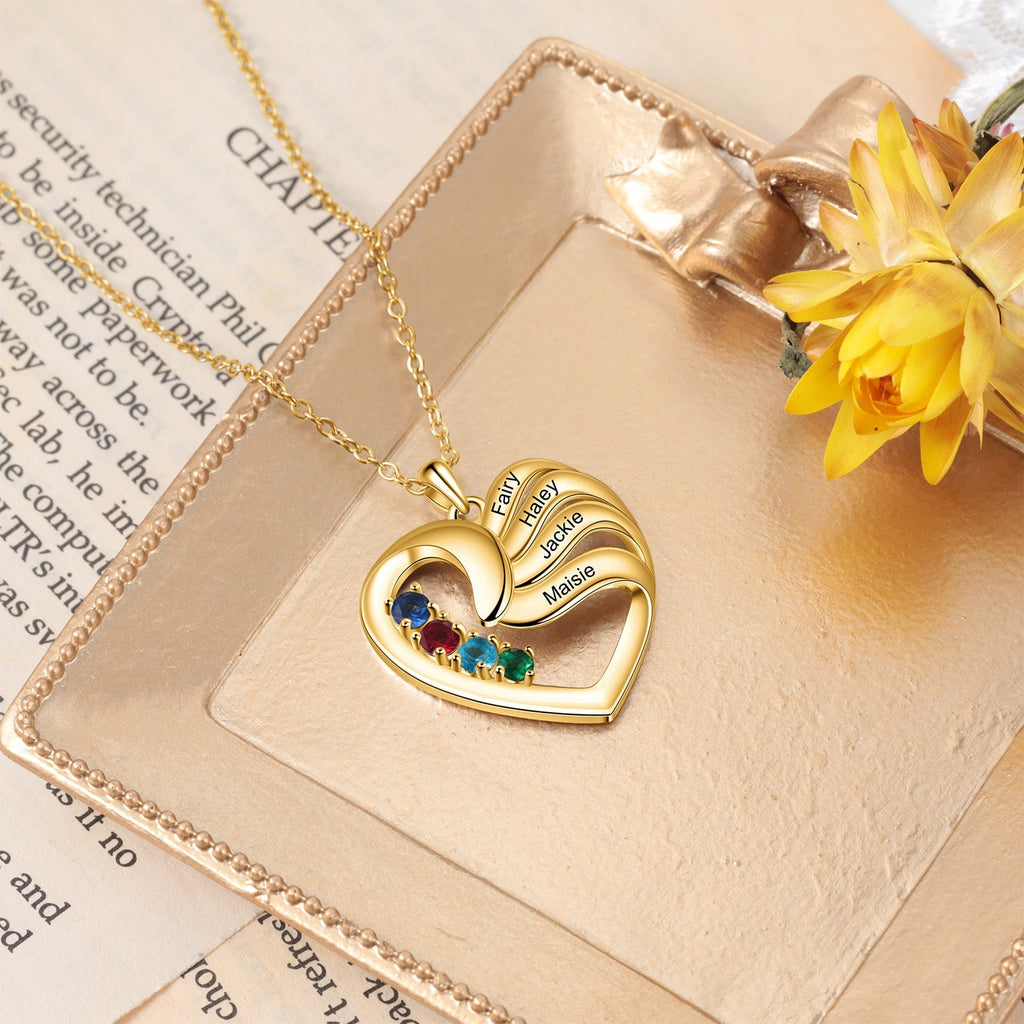 2-5 Names Customized Birthstone Fashion Memorial Heart Necklace - MERGE.DAY.1.FREESTYLE