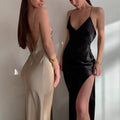 Spring Summer Women Satin Silky Spaghetti Strap Split Long Dress Elegant Sleeveless Backless Sexy Vestito - MERGE.DAY.1.FREESTYLE