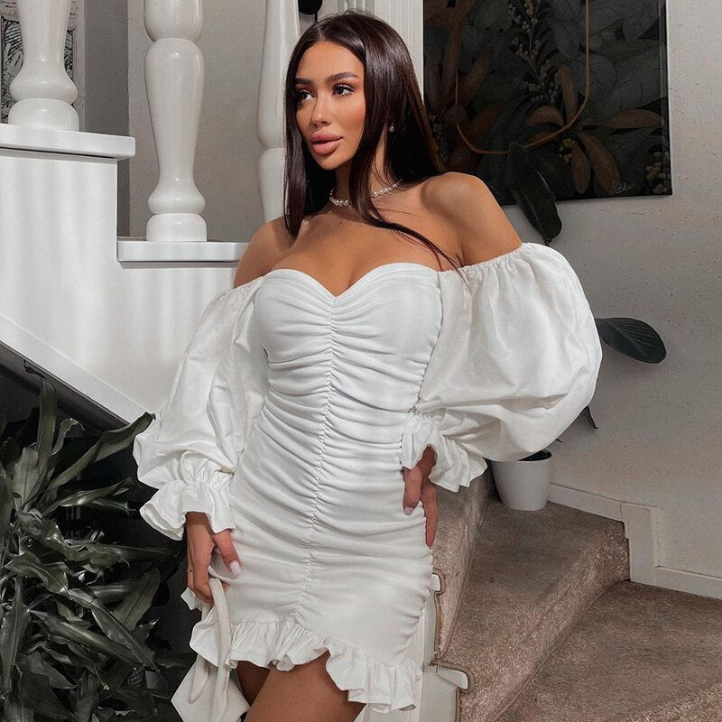 Off Shoulder Long Loose Flare Puff Sleeve Ruched Mini Dress - MERGE.DAY.1.FREESTYLE