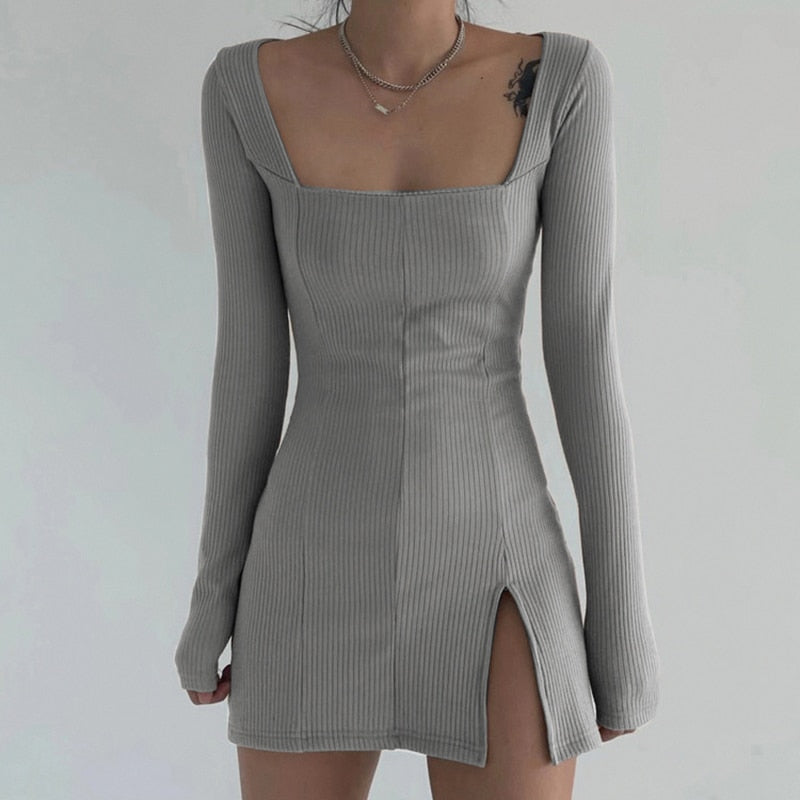 Square Neck Ribbed Black Dress Female Knitted Side Split Bodycon Dress Long Sleeve Mini Dresses - MERGE.DAY.1.FREESTYLE