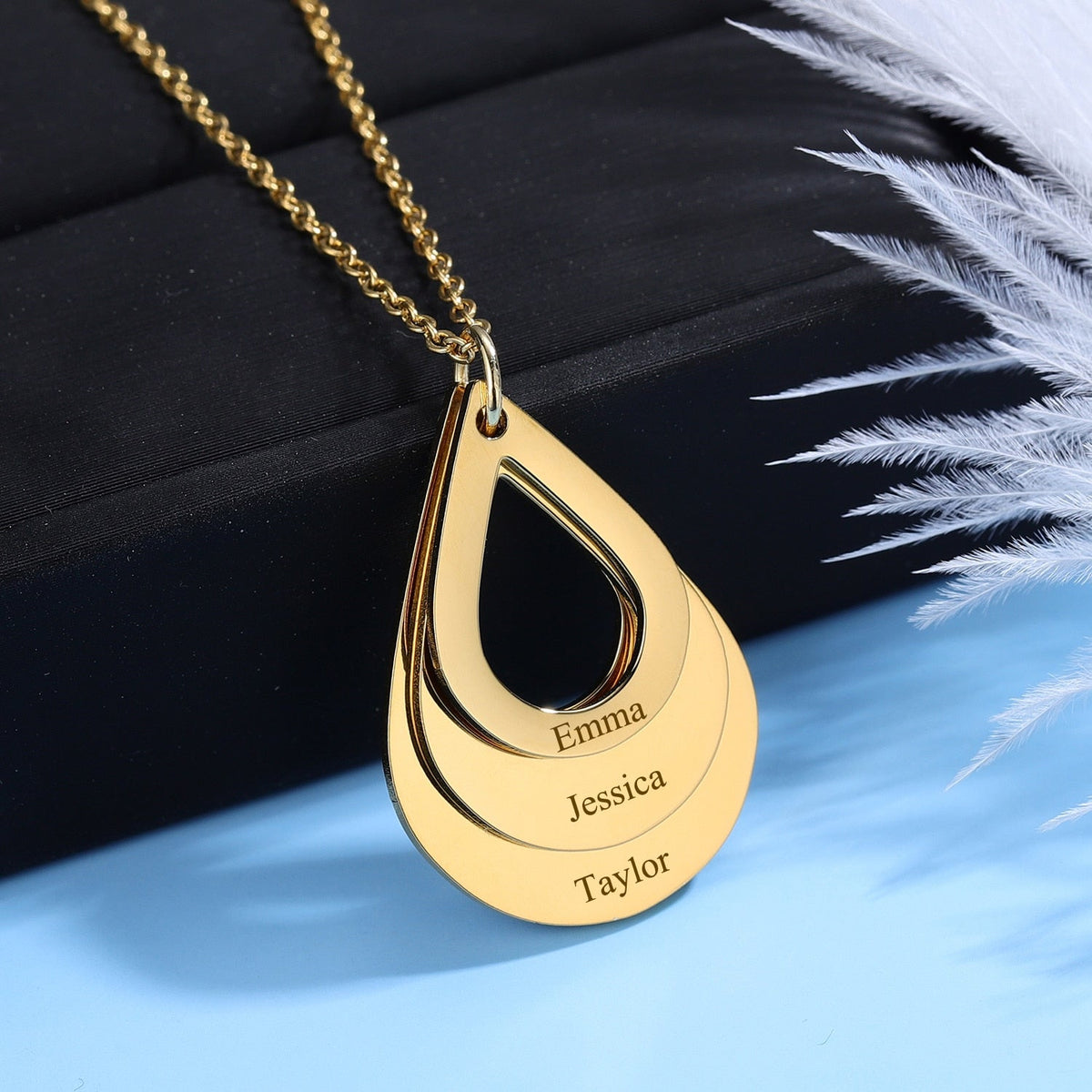 Personalized Name Necklaces Customized Engraved 3 Names Necklace Water Drop Shape Charm - MERGE.DAY.1.FREESTYLE