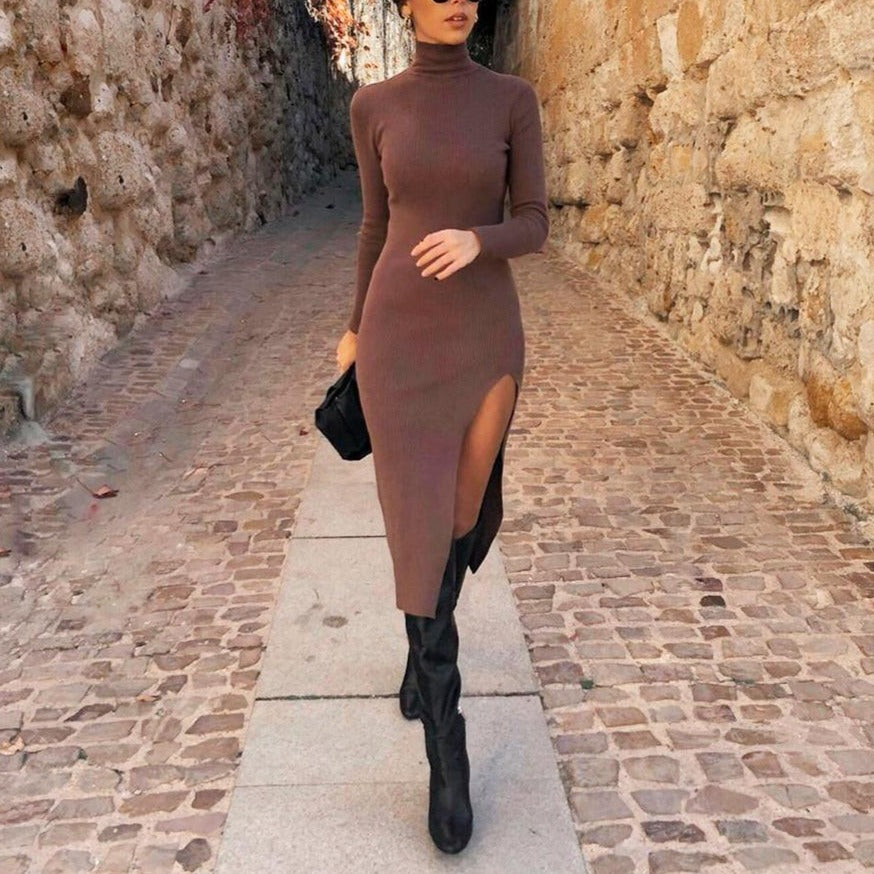 Long Sleeves High-Neck Elastic Midi Dress Lady Knit Sweater Dresses - MERGE.DAY.1.FREESTYLE