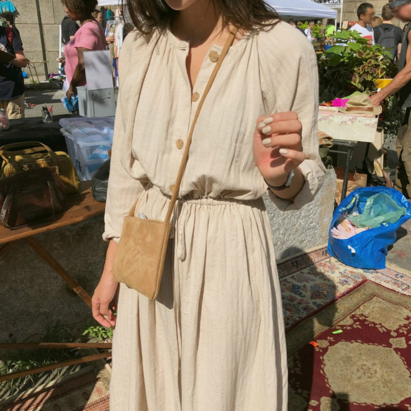 Long Shirt Dress Women Cotton Round Collar Slim Waist Drawstring Solid Color Sundress - MERGE.DAY.1.FREESTYLE