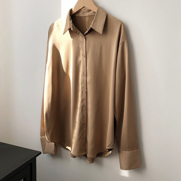 Satin Shirts Long Sleeve Turn Down Collar Elegant Office Ladies Workwear - MERGE.DAY.1.FREESTYLE