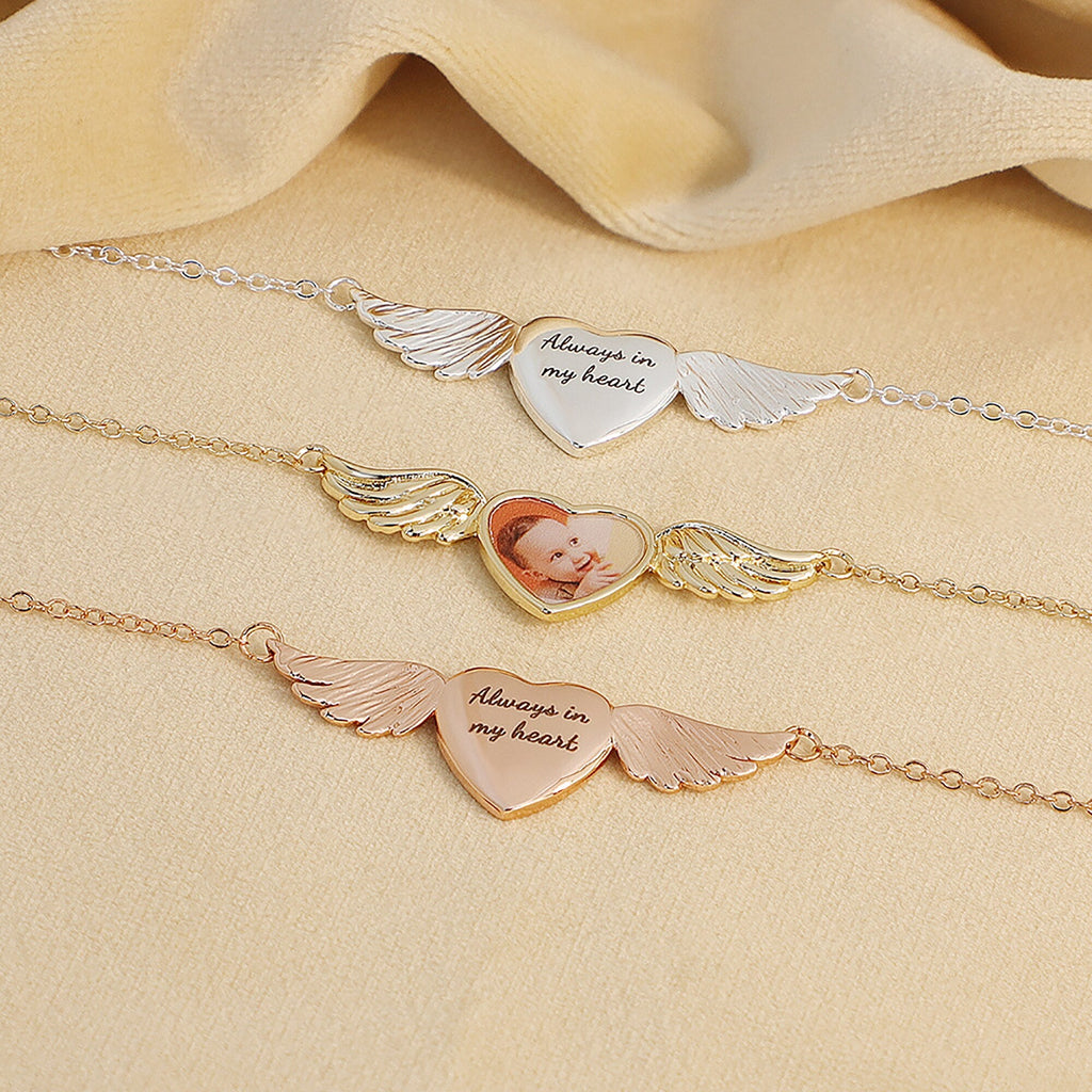 Engraved Text Custom Photo Angel Wing Heart Shaped Jewelry Gifts - MERGE.DAY.1.FREESTYLE