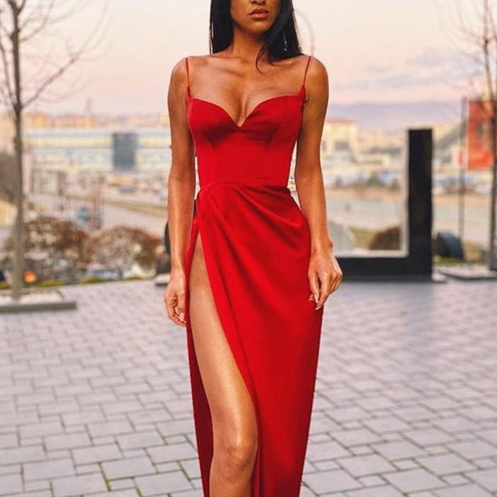 Satin Spaghetti Straps Low Cut Long Dress Women Summer Ruched Side High Split Maxi Dress - MERGE.DAY.1.FREESTYLE