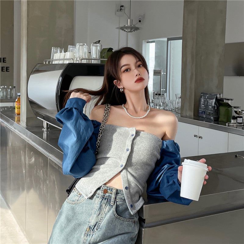 Patchwork Denim Shirts Women French Square Collar Puff Blouses Long Sleeve Crop Tops - MERGE.DAY.1.FREESTYLE