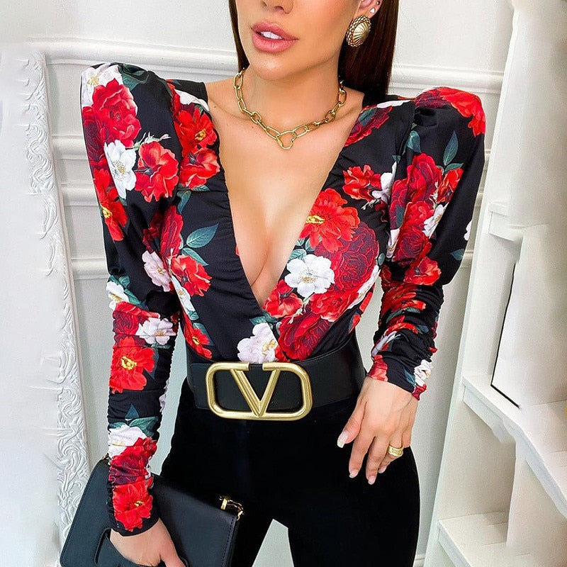 Spring Elegant Boho Print Bodysuits Rompers Women Jumpsuits Puff Sleeve Skinny Sexy V-neck - MERGE.DAY.1.FREESTYLE