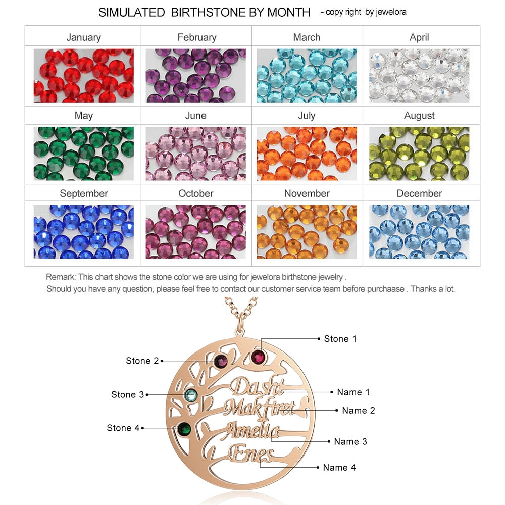 Family Tree Necklace with 4 Birthstones Name Necklace - MERGE.DAY.1.FREESTYLE