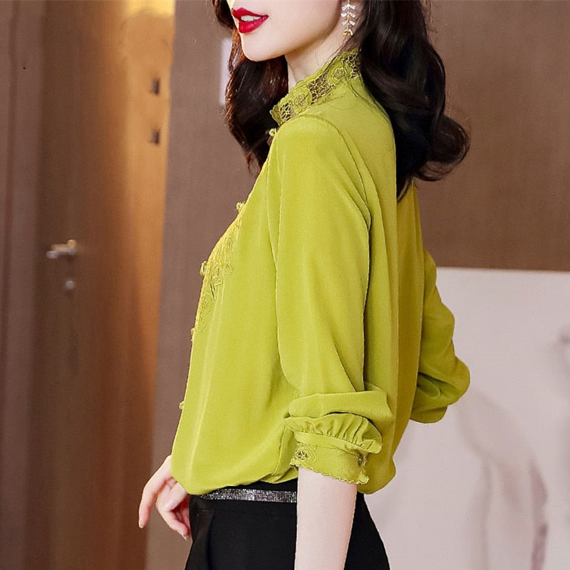 Embroidery Hollow Blouse Women Long Sleeve Imitation Silk Top Loose Vintage Shirt Plus Size - MERGE.DAY.1.FREESTYLE