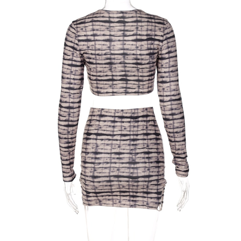 Print Satin Long Sleeve Bandage Crop Top Mini Dress 2 Pieces Set - MERGE.DAY.1.FREESTYLE