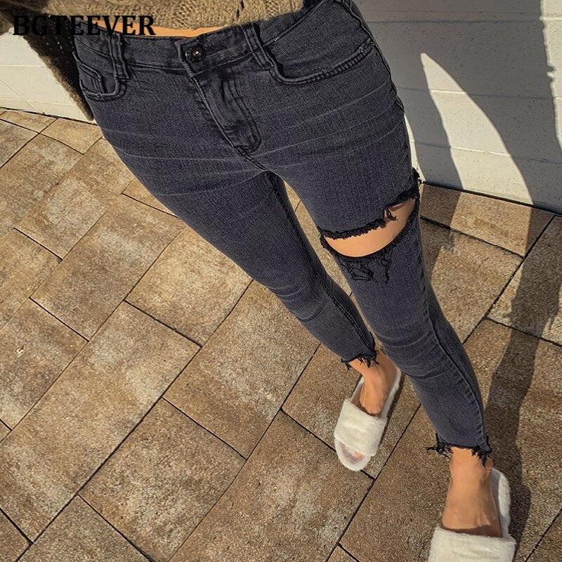 Irregular Ripped Holes Women Pencil Denim Jeans Stylish High Waist Stretched - MERGE.DAY.1.FREESTYLE