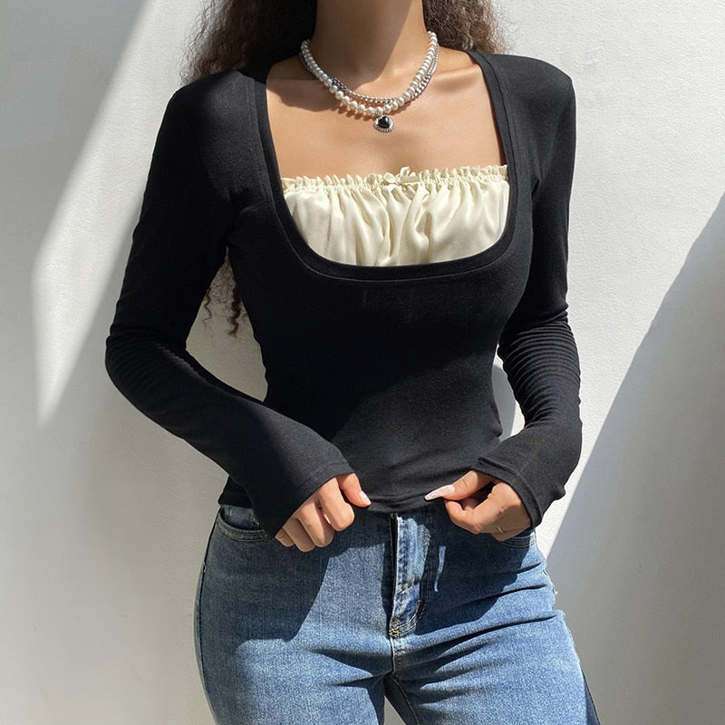 Patchwork Slim Tops Tee Long Sleeves Square Collar Retro Casual Tshirts - MERGE.DAY.1.FREESTYLE