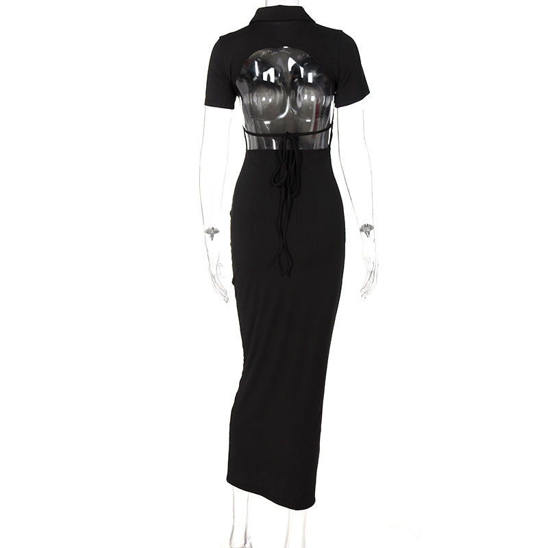 Sexy Backless Short Sleeve Shirt Dress Women Ribbed Buttons Up Bandage Knitted Bodycon Gown 2022 - MERGE.DAY.1.FREESTYLE