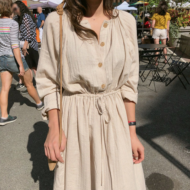 Long Shirt Dress Women Cotton Round Collar Slim Waist Drawstring Solid Color Sundress - MERGE.DAY.1.FREESTYLE