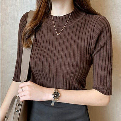 Knitted T Shirt Women Short Sleeve Basic Woman T-shirt Femme Elasticity Poleras - MERGE.DAY.1.FREESTYLE