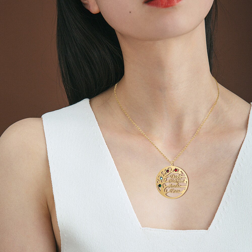 Family Tree Necklace with 4 Birthstones Name Necklace - MERGE.DAY.1.FREESTYLE
