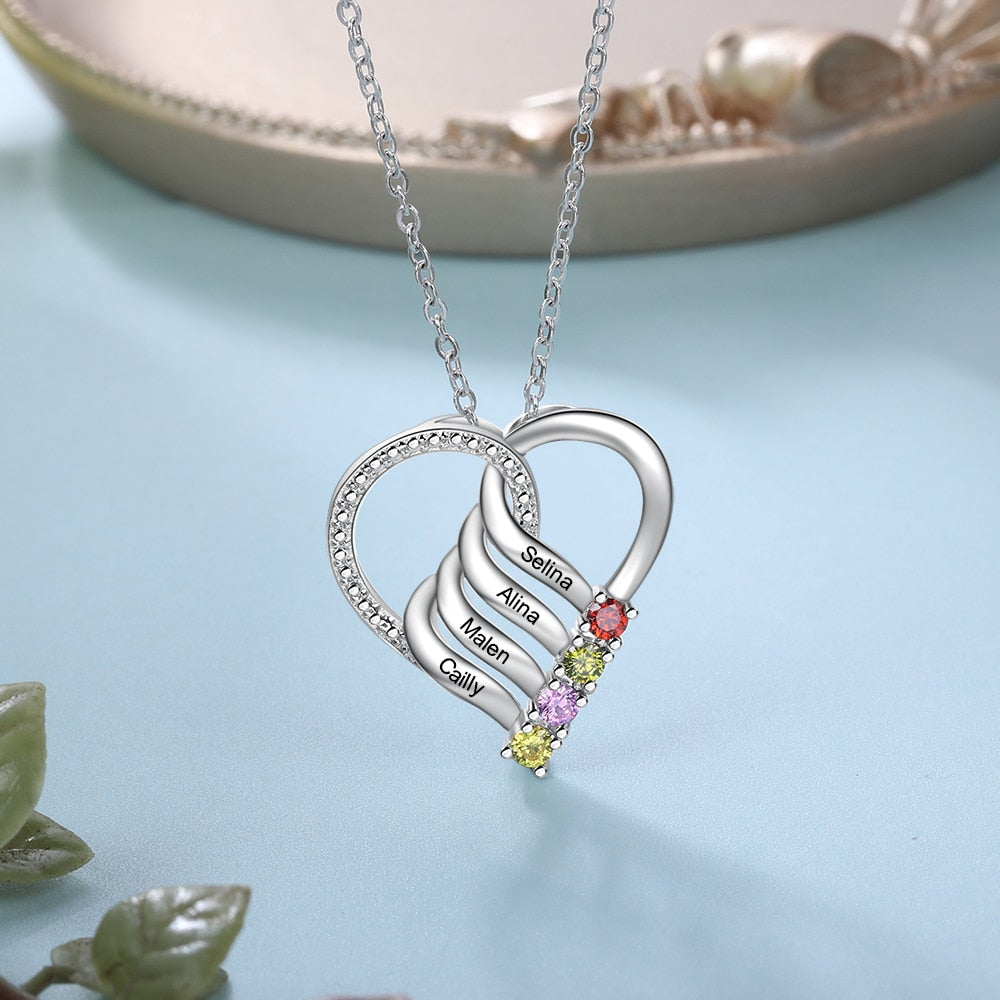 Personalized Family Heart Pendant Necklace with 2-6 Birthstones Name Necklace - MERGE.DAY.1.FREESTYLE