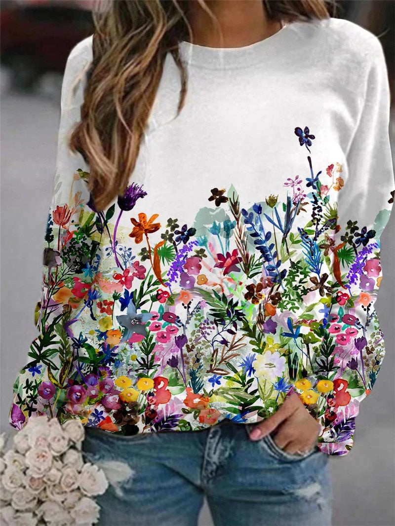 Women's Flower Print Top Loose Long-sleeved Round Neck Sweater All-match T-shirt - MERGE.DAY.1.FREESTYLE