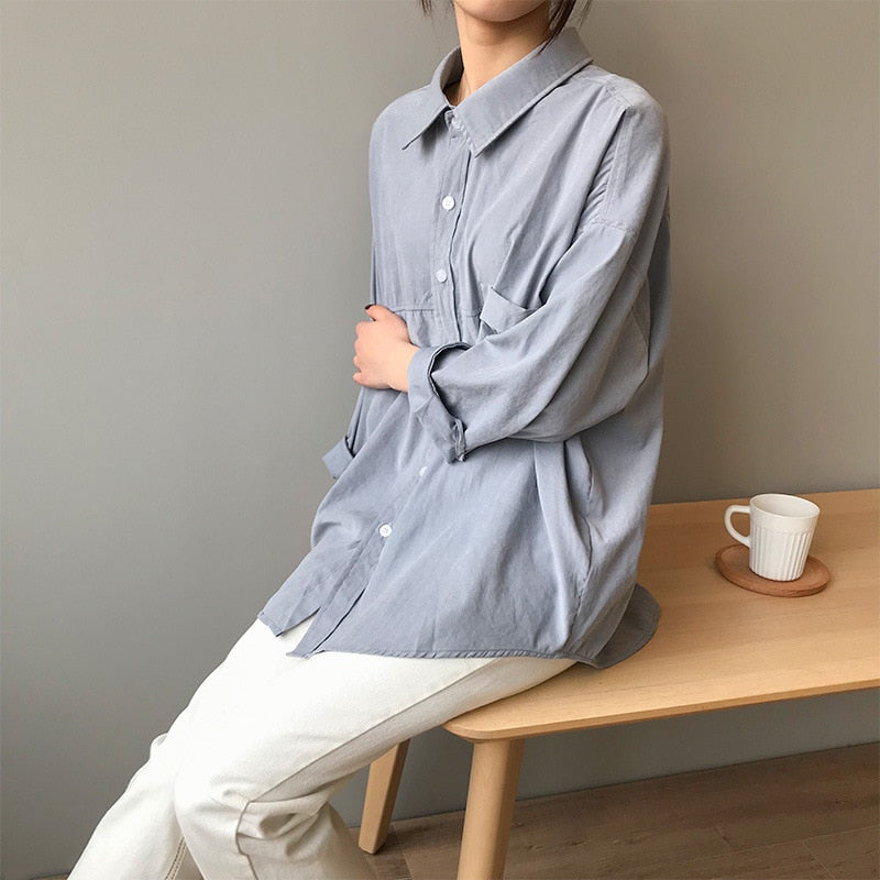 Loose Turn-down Collar Solid Female Shirts Tops Spring Summer Blouses - MERGE.DAY.1.FREESTYLE