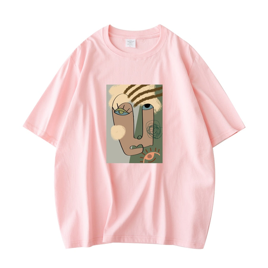 Abstract Pattern Tshirts Lady Cotton Green Summer Tees Lady Short Sleeve Streetwear Tops - MERGE.DAY.1.FREESTYLE