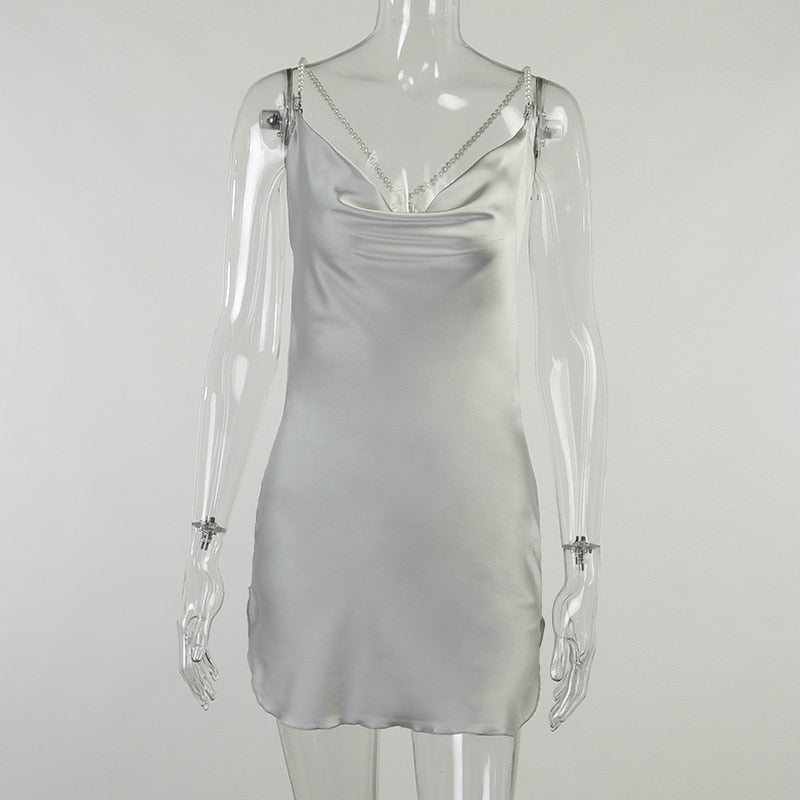 Silk Strap Mini Dresses Backless Solid Color Criss Front Pearl Sexy Summer Sexy Party - MERGE.DAY.1.FREESTYLE