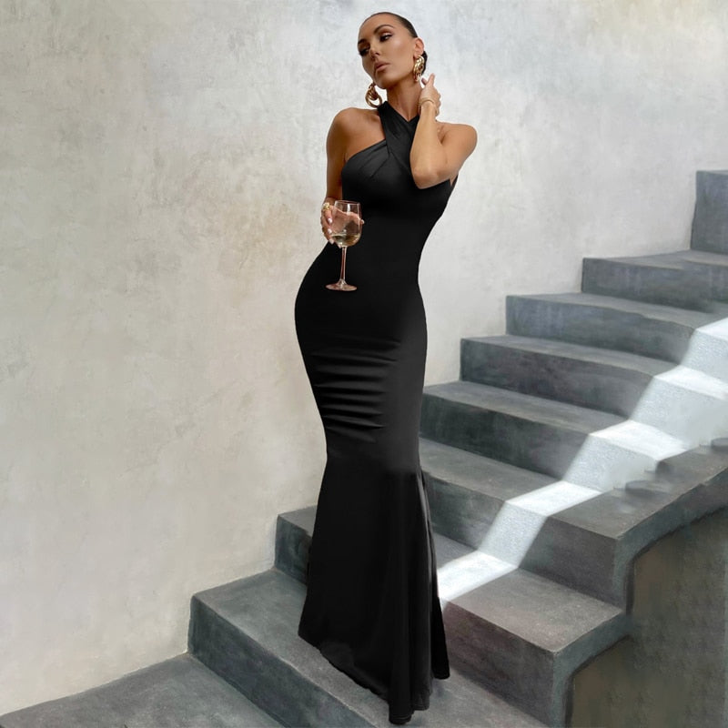 Solid Satin Halter Sleeveless Slim Bodycon Maxi Dress - MERGE.DAY.1.FREESTYLE