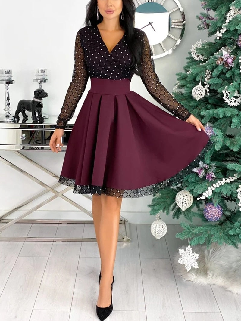 Shiny Sequin Diamond Mesh Stitching Dress Women Spring Autumn Sheer Long Sleeve Belted Slim A Line Dresses - MERGE.DAY.1.FREESTYLE