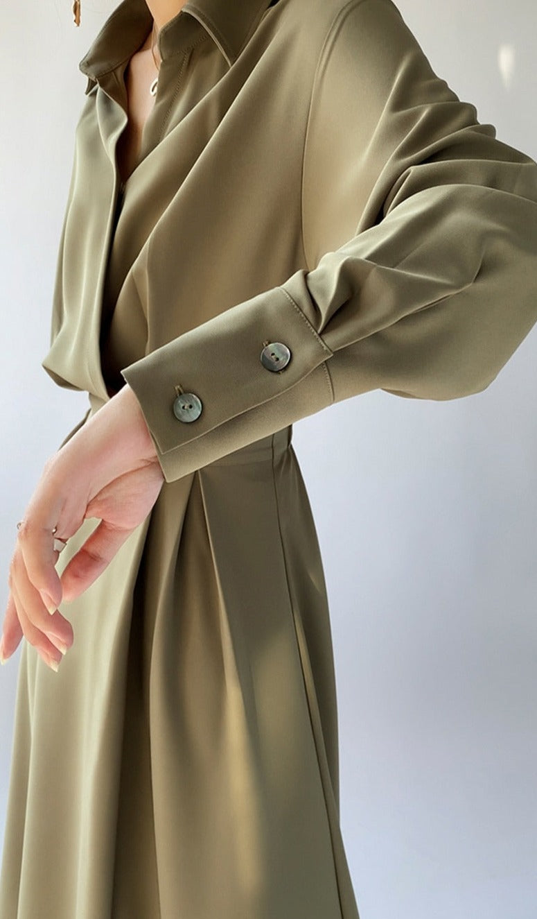 Turn-down Collar Women A-line Dress Long Sleeve Slim Waist Vestidos - MERGE.DAY.1.FREESTYLE