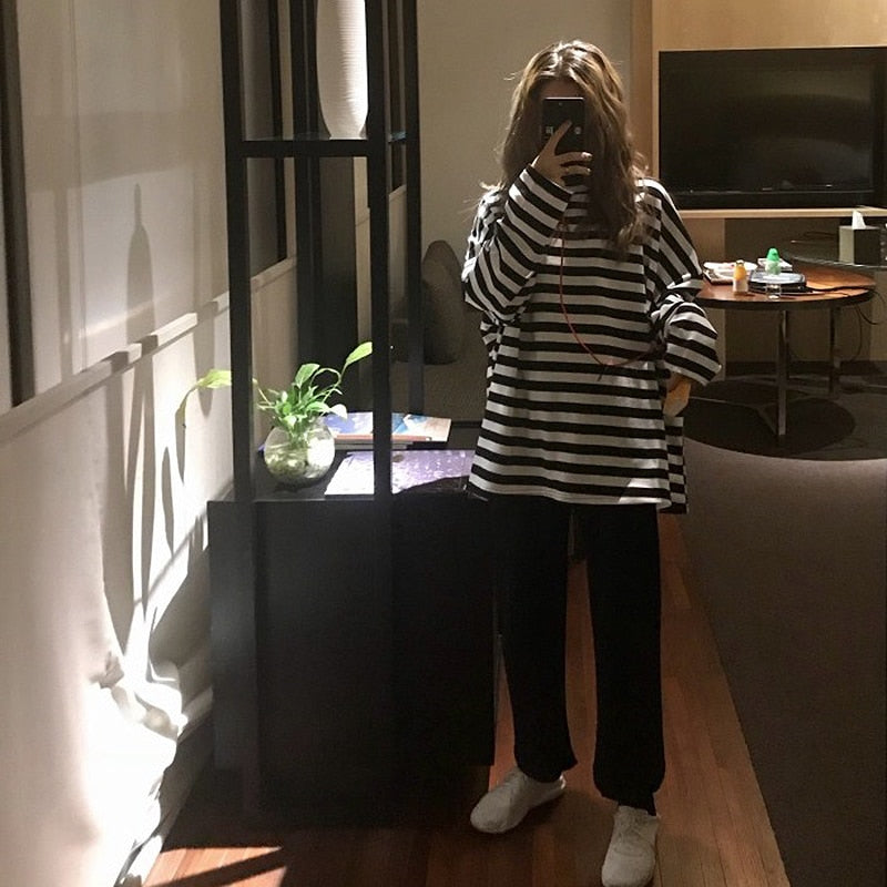 Women harajuku Striped Tshirt Long Sleeve O-Neck T-Shirts Casual oversized T Shirt - MERGE.DAY.1.FREESTYLE