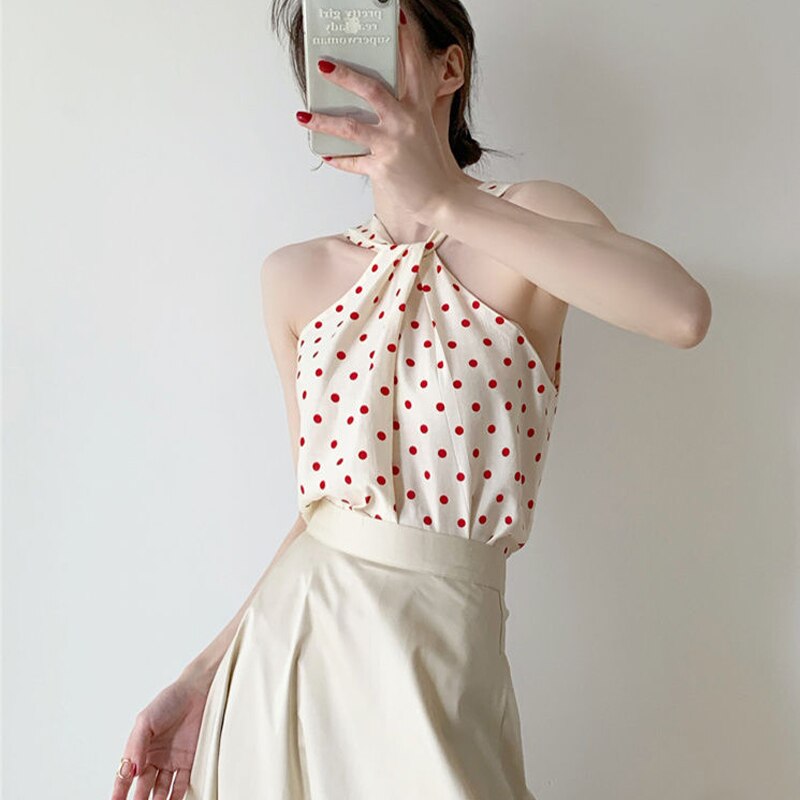 Backless Camis Women Summer Polka Dot Twist Halterneck Vest Female Casual Chiffon Tops - MERGE.DAY.1.FREESTYLE