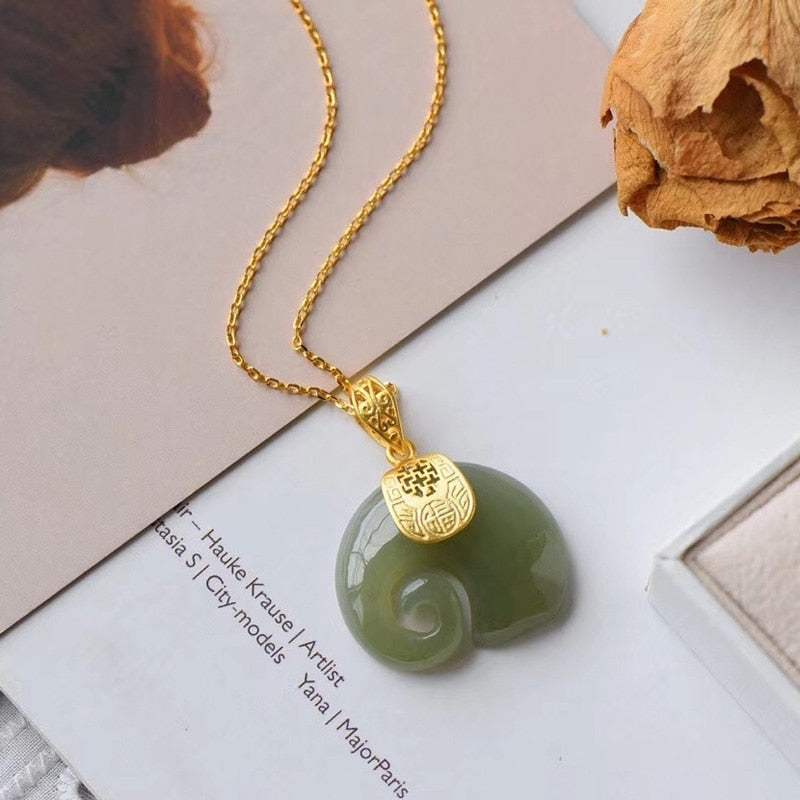 Vintage White Hetian Jade Elephant Pendant 18K Gold Plated Chain Necklace - MERGE.DAY.1.FREESTYLE