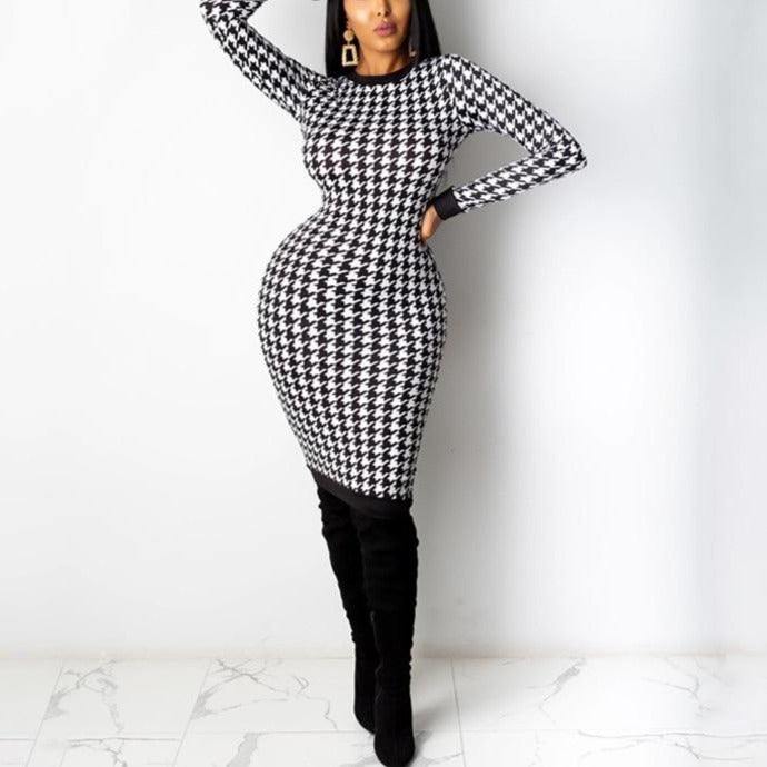 Houndstooth Print Women Long Sleeve Midi Dress Hollow Out Bodycon Streetwear - MERGE.DAY.1.FREESTYLE