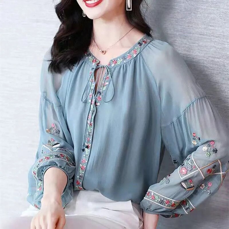 Chiffon Embroidery Blouse Long Lantern Sleeve Loose Top Casual Wear Oversize Casual Wear - MERGE.DAY.1.FREESTYLE
