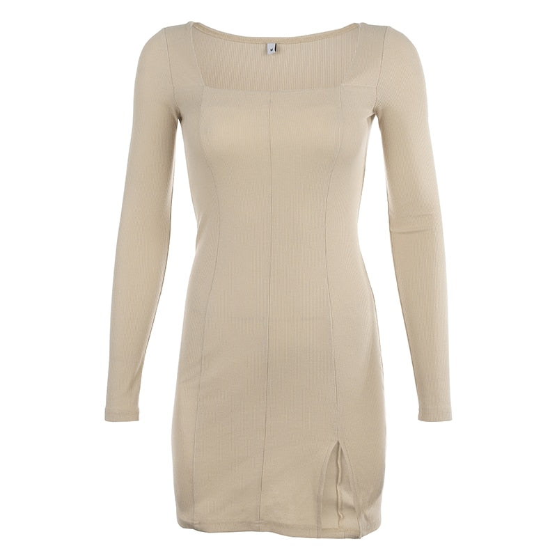 Square Neck Ribbed Black Dress Female Knitted Side Split Bodycon Dress Long Sleeve Mini Dresses - MERGE.DAY.1.FREESTYLE