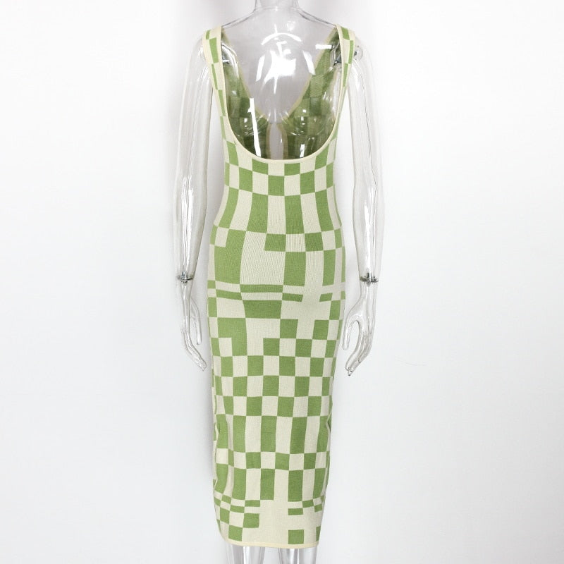 Knitted Sexy Bodycon Summer Women Dresses Backless Plaid Print Spaghetti Strap Hollow Out Vestidos - MERGE.DAY.1.FREESTYLE