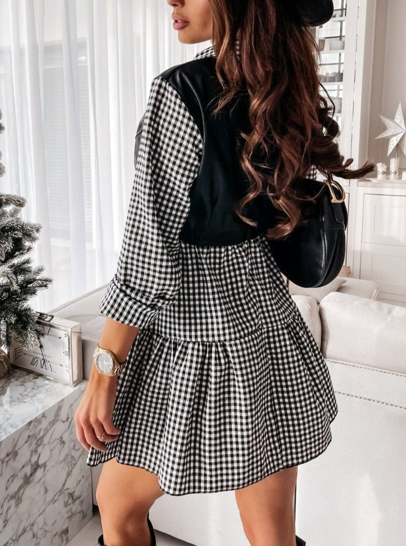 Long Sleeve Mini Shirt Dress For Women White 2022 Spring PU Leather Patchwork Plaid Dresses - MERGE.DAY.1.FREESTYLE