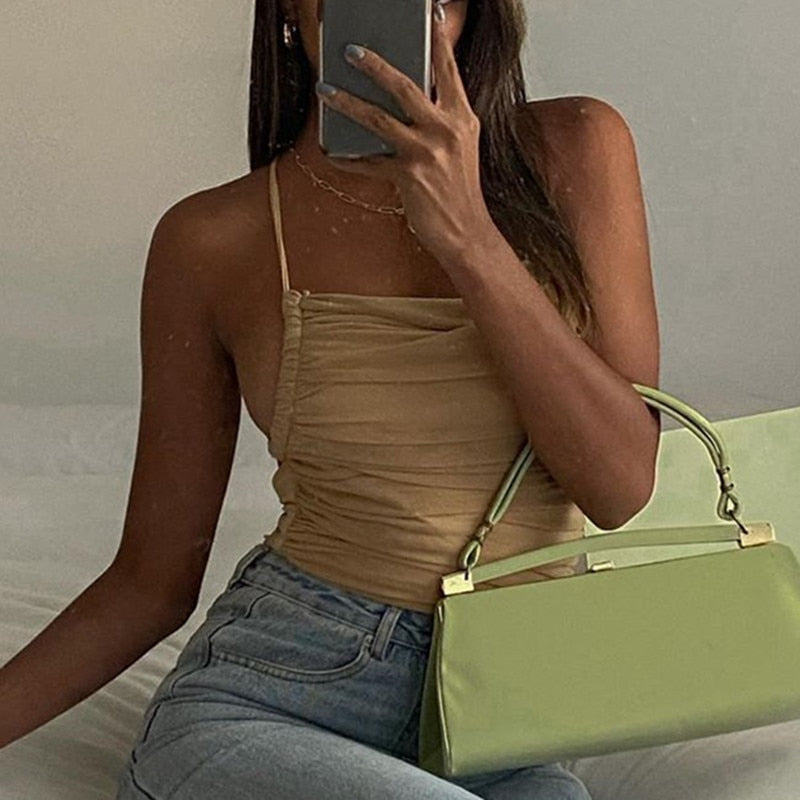 Sleeveless Chic Fashion Mesh Ruched Halter Bodysuit Women Female Tie Up Backless Body Suit - MERGE.DAY.1.FREESTYLE