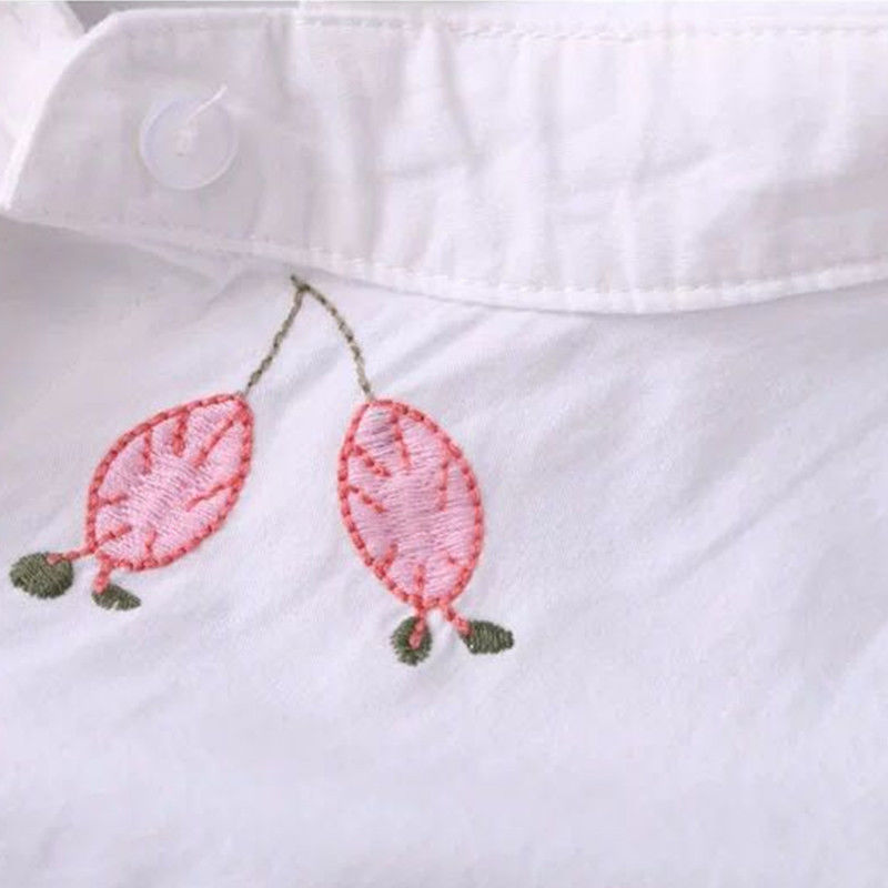 White Shirt Casual Wear Button Up Turn Down Collar Long Sleeve Cotton Blouse Embroidery - MERGE.DAY.1.FREESTYLE