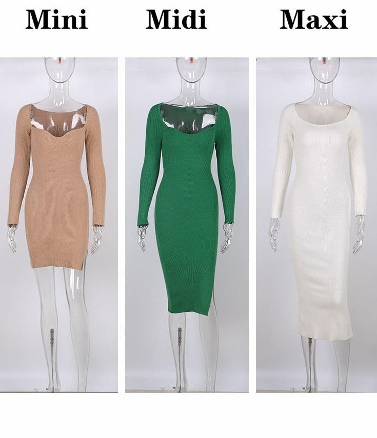 2022 Knitted Green Midi Sexy Bodycon Women Dress Spring Long Sleeve Off Shoulder Split Sweater Dresses - MERGE.DAY.1.FREESTYLE