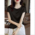 Silk Thin Short Sleeve Tees Style Slip Woman Summer Clothes Brown Tops Solid Loose Casual - MERGE.DAY.1.FREESTYLE