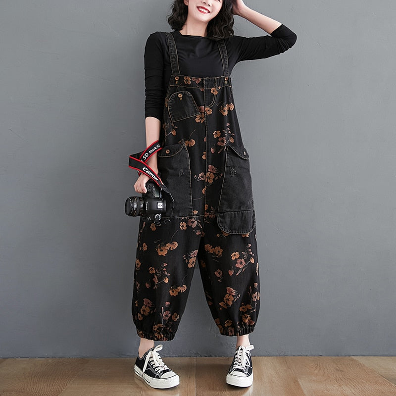 Loose Jeans Black Jumpsuit Casual Ladies Big Pockets Print Floral Denim Overalls Straps Rompers - MERGE.DAY.1.FREESTYLE