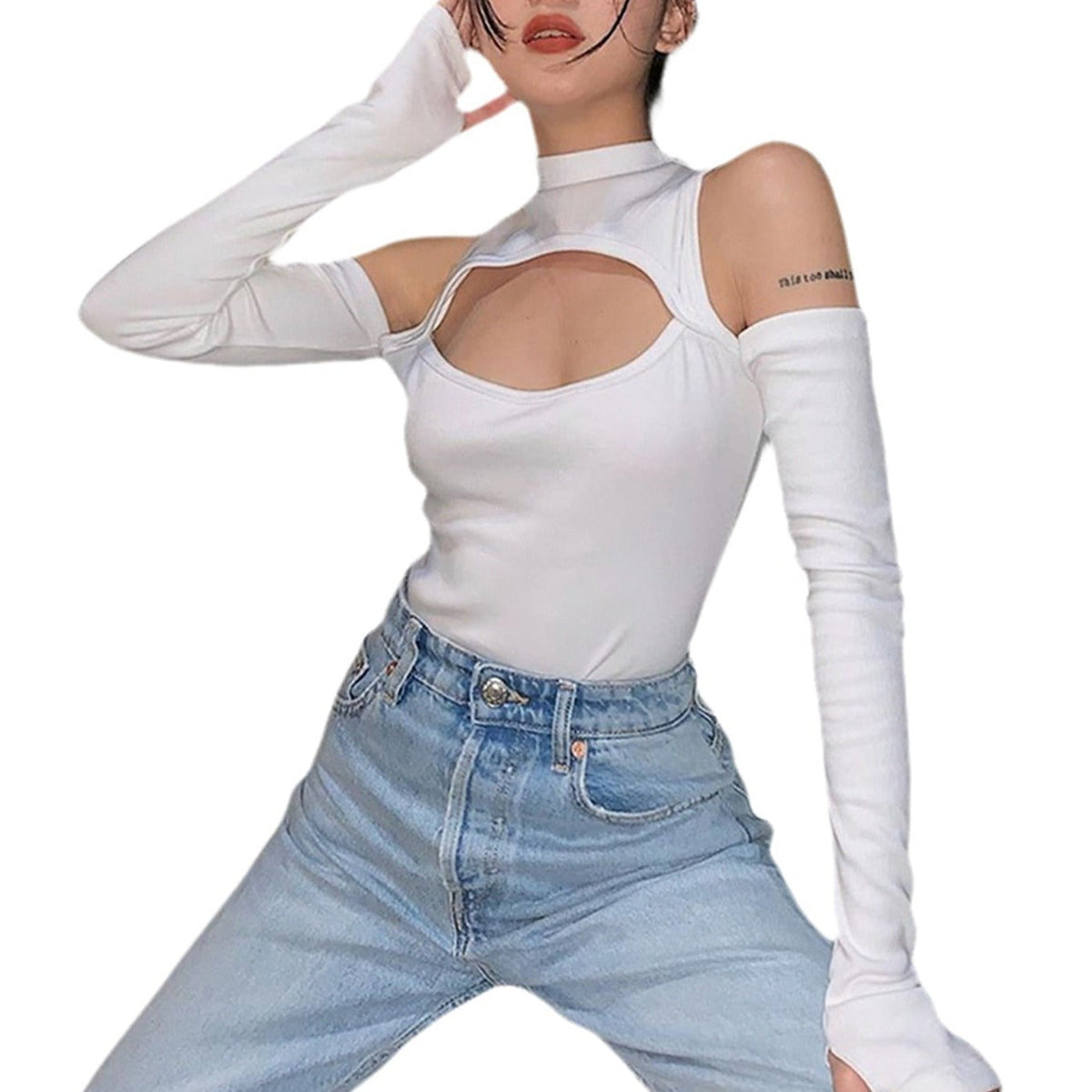 Women’s Long-sleeved Bodysuit Solid Color Hollow Off-shoulder Half High Collar Jumpsuit - MERGE.DAY.1.FREESTYLE