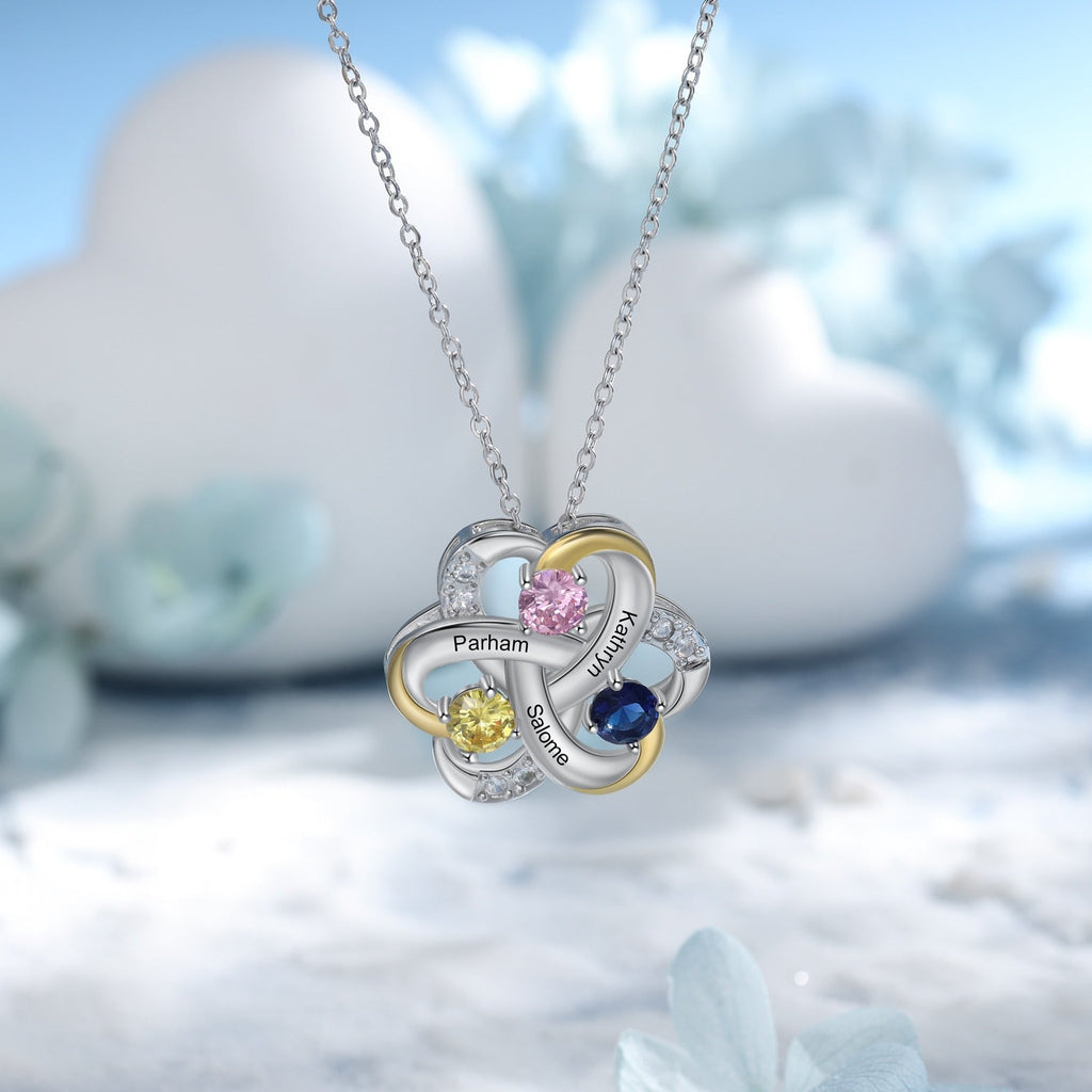 Personalized 3 Names Necklace Birthstone Engraved Flower Pendants - MERGE.DAY.1.FREESTYLE