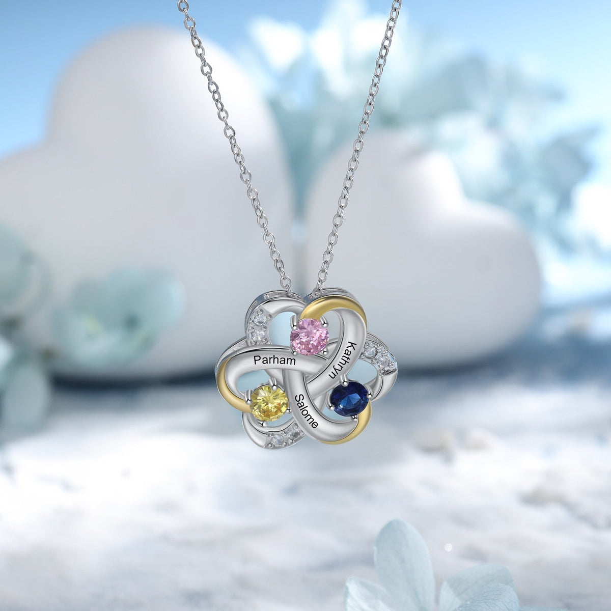 Personalized 3 Names Necklace Birthstone Engraved Flower Pendants - MERGE.DAY.1.FREESTYLE