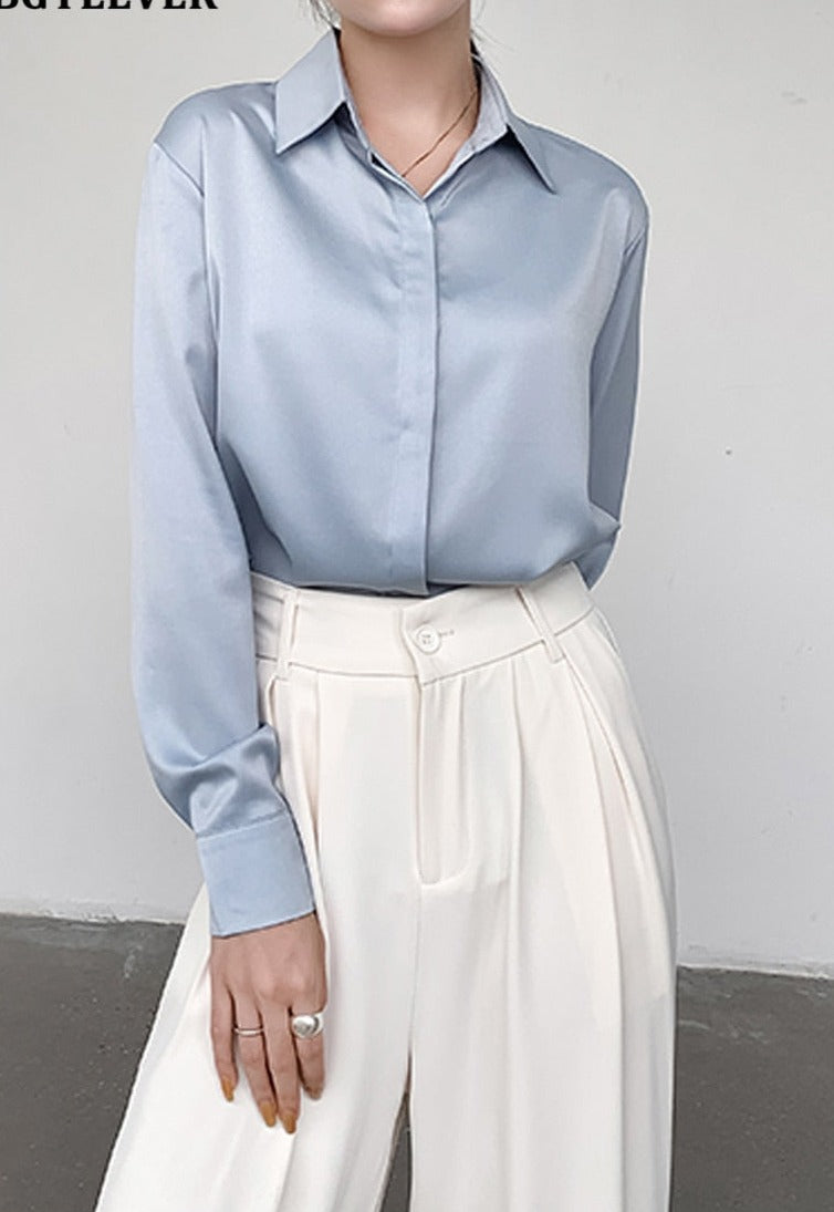 Spring Loose Women Satin Blouses Long Sleeve Single-breasted Female Shirts Top - MERGE.DAY.1.FREESTYLE