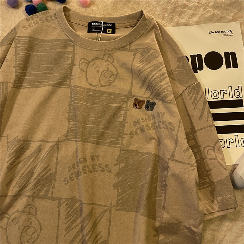 Summer Full Print Cartoon Bear Kawaii Short-Sleeved T-Shirt Loose Harajuku Casual - MERGE.DAY.1.FREESTYLE