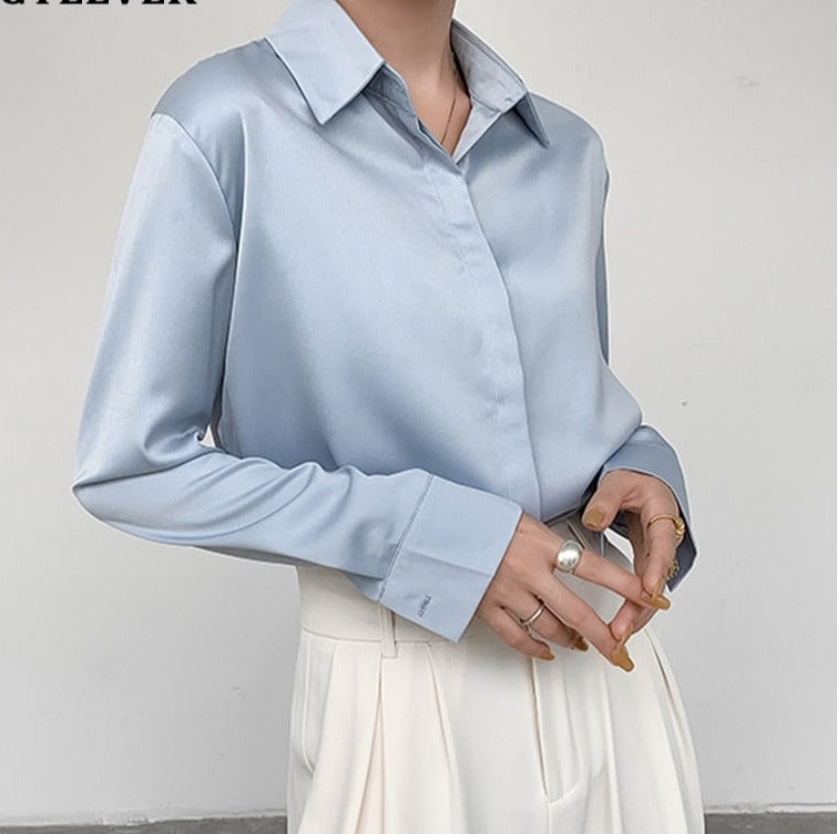 Spring Loose Women Satin Blouses Long Sleeve Single-breasted Female Shirts Top - MERGE.DAY.1.FREESTYLE