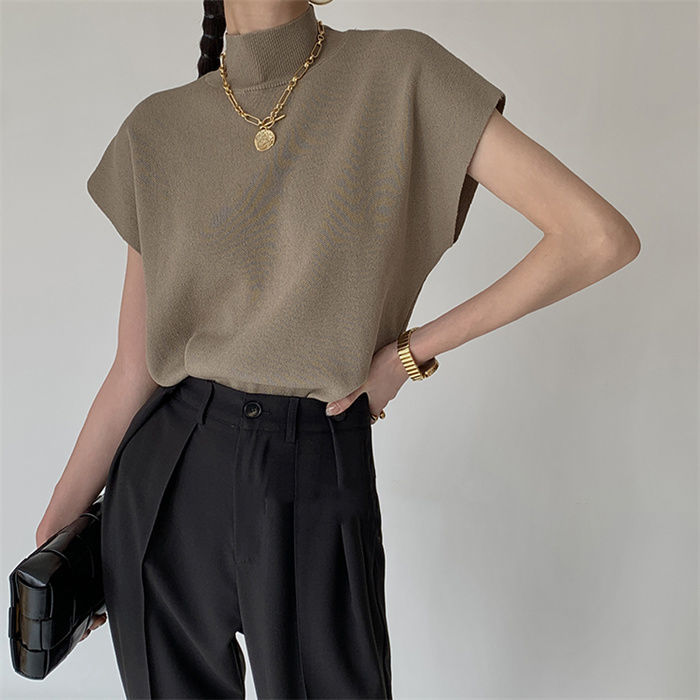French Turtleneck Knitted Women Spring Summer Design Loose Short Sleeve Cropped Tops Female - MERGE.DAY.1.FREESTYLE