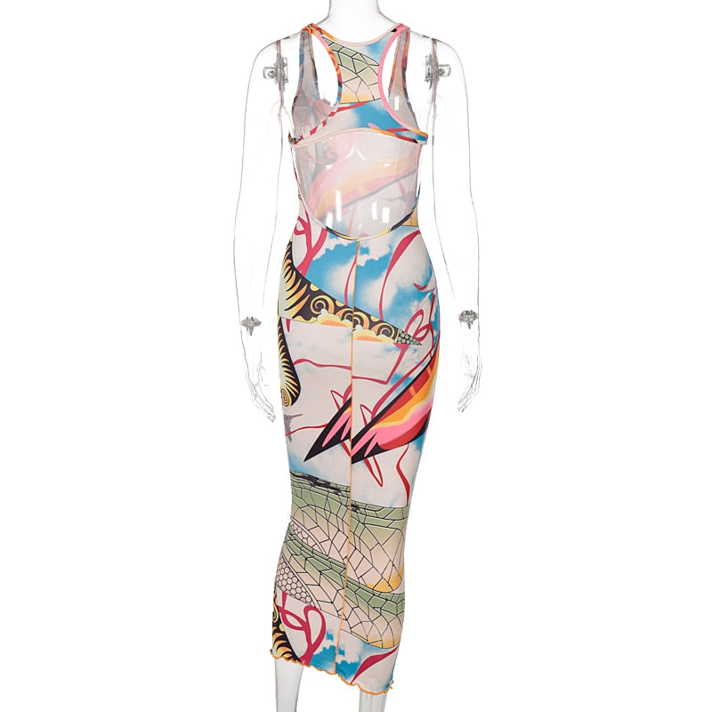 Sleeveless Hollow Out Straps Asymmetric Print Backless Ruched Sexy Maxi Dress - MERGE.DAY.1.FREESTYLE